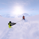 A snowboarder hitches a ride on a snowmobile in Shredders on Xbox Series X.